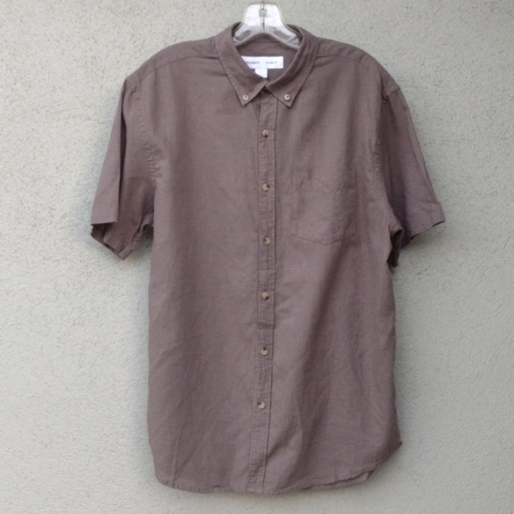 Old Navy Brown Relaxed Fit Linen-cotton Button-Down Short Sleeve Shirt L